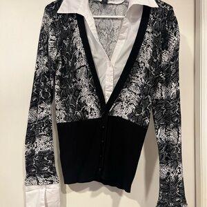 INC Black and White Snakeskin shirt sweater with White Collar